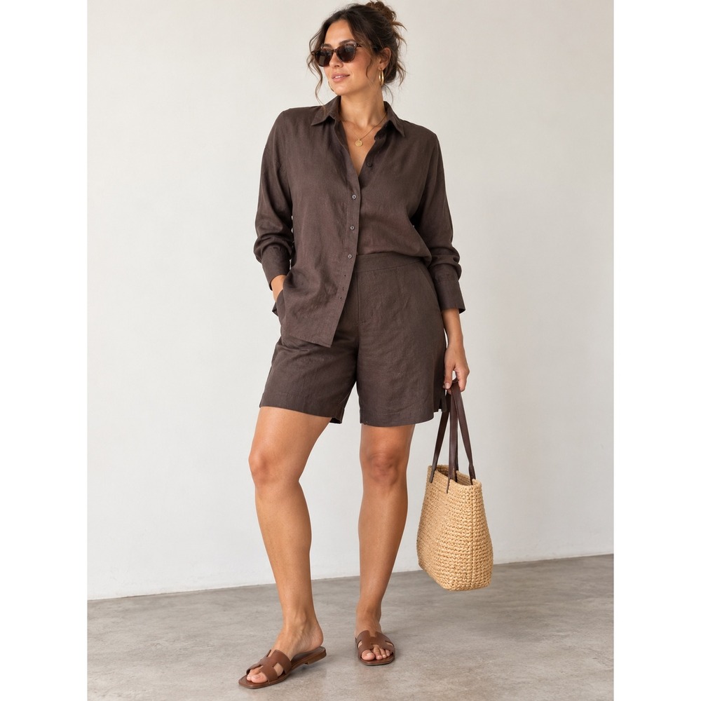 Banana Republic Brown Linen Blend Shirt Shorts Set L XL Quiet Luxury Minimalist